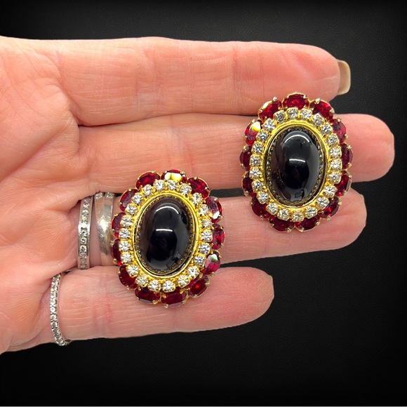 Vintage (MMA) Black Cabochon, Ruby Red & Clear Rhinestone Clip Earrings - Picture 6 of 6